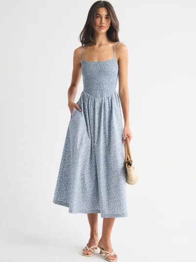 Women Fashion Sexy Summer Stripe Printed Spaghetti Strap Backless Pocket Waisted A- Line Dress