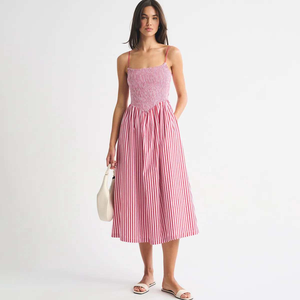 Women Fashion Sexy Summer Stripe Printed Spaghetti Strap Backless Pocket Waisted A- Line Dress