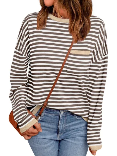 Women Fashion Casual Autumn And Winter Contrast Color Stripe Long Sleeve Pocket Loose Sweatshirt