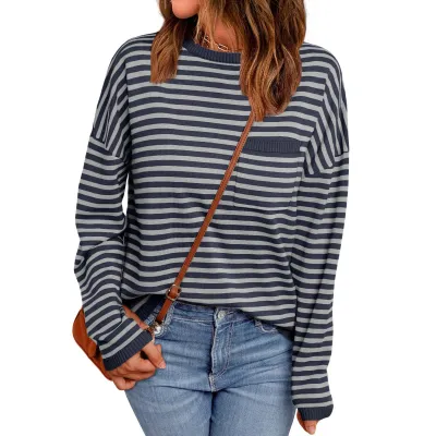 Women Fashion Casual Autumn And Winter Contrast Color Stripe Long Sleeve Pocket Loose Sweatshirt