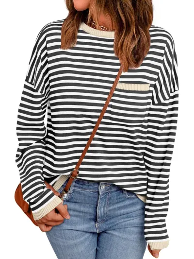 Women Fashion Casual Autumn And Winter Contrast Color Stripe Long Sleeve Pocket Loose Sweatshirt