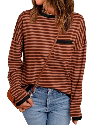 Women Fashion Casual Autumn And Winter Contrast Color Stripe Long Sleeve Pocket Loose Sweatshirt