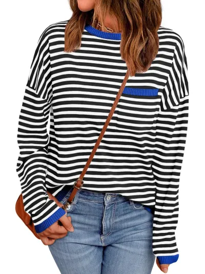 Women Fashion Casual Autumn And Winter Contrast Color Stripe Long Sleeve Pocket Loose Sweatshirt
