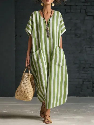 Women Fashion Casual Stripe Print V-Neck Short-Sleeve Pockets Loose Dress