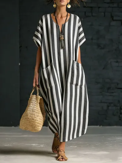 Women Fashion Casual Stripe Print V-Neck Short-Sleeve Pockets Loose Dress