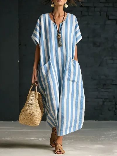 Women Fashion Casual Stripe Print V-Neck Short-Sleeve Pockets Loose Dress