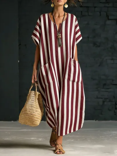 Women Fashion Casual Stripe Print V-Neck Short-Sleeve Pockets Loose Dress