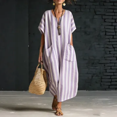 Women Fashion Casual Stripe Print V-Neck Short-Sleeve Pockets Loose Dress