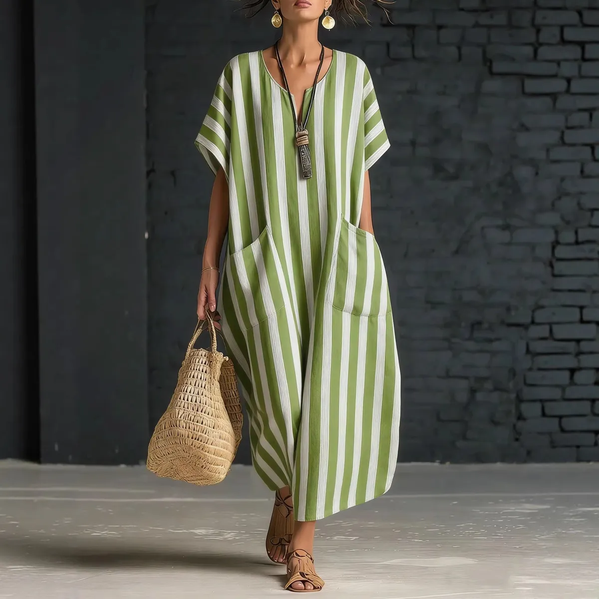 Women Fashion Casual Stripe Print V-Neck Short-Sleeve Pockets Loose Dress
