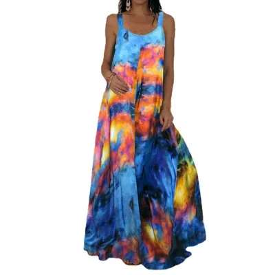 Women Fashion Casual Summer Tie-Dye 3d Print Sleeveless Loose Dress
