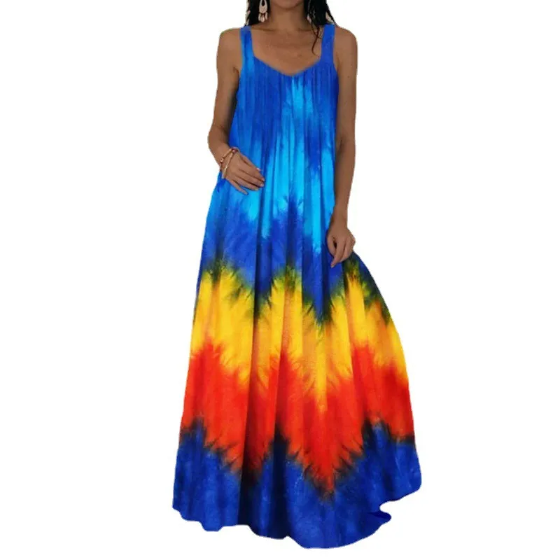 Women Fashion Casual Summer Tie-Dye 3d Print Sleeveless Loose Dress