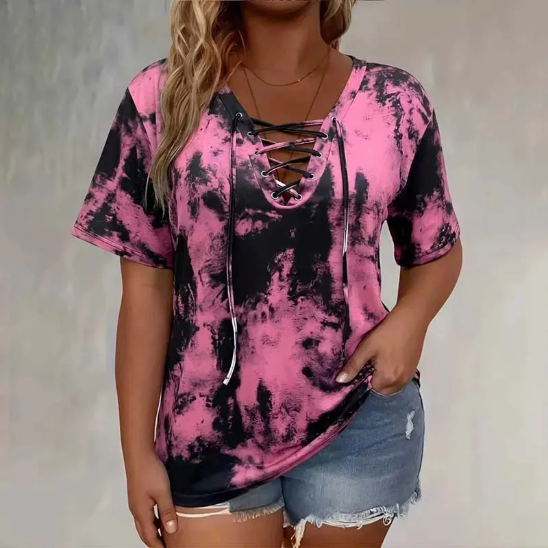Women'S Fashion Casual Plus Size Tie-Dye Printed Short Sleeve Loose T-Shirt