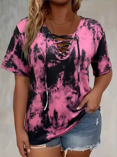 Women'S Fashion Casual Plus Size Tie-Dye Printed Short Sleeve Loose T-Shirt