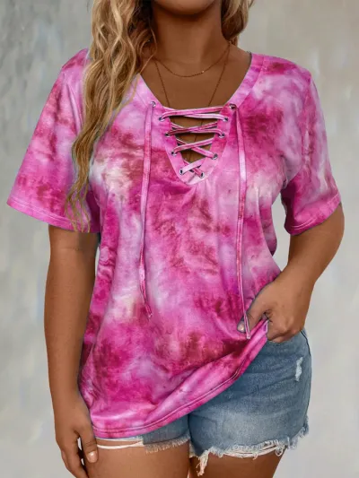 Women'S Fashion Casual Plus Size Tie-Dye Printed Short Sleeve Loose T-Shirt