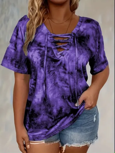Women'S Fashion Casual Plus Size Tie-Dye Printed Short Sleeve Loose T-Shirt