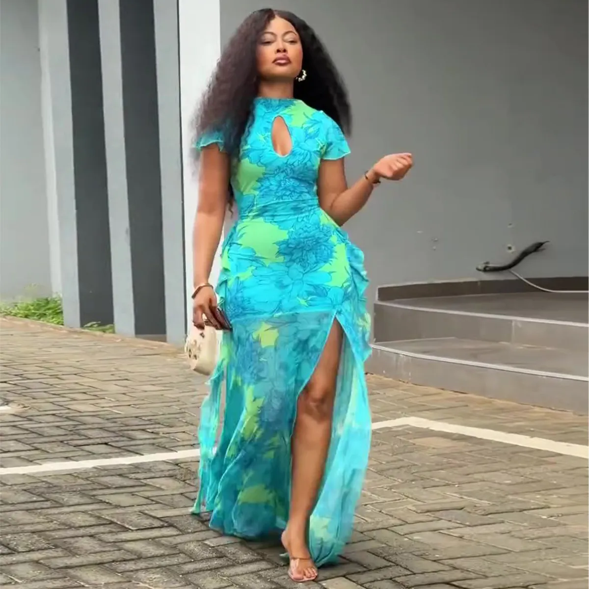 Women Fashion Summer Tie Dye Print Short-Sleeve Tight-Waist Split African Dress