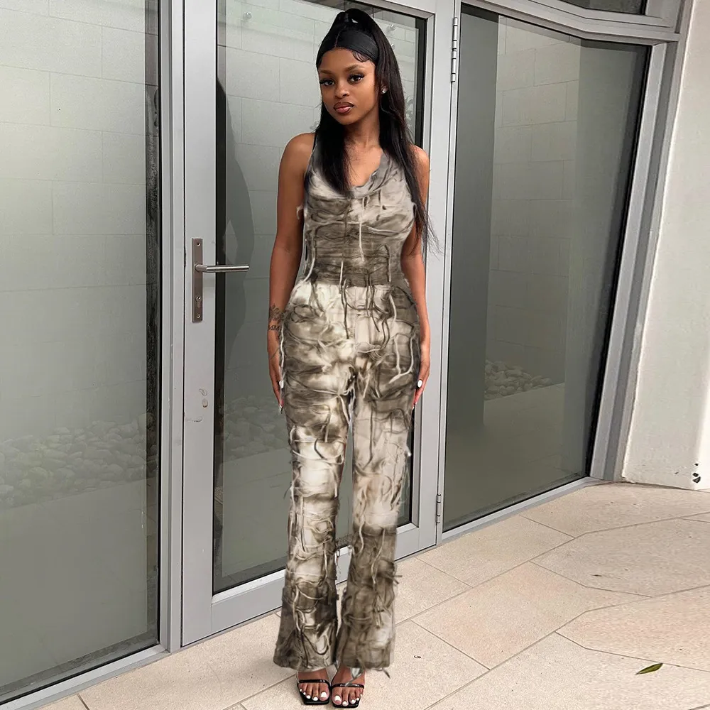 Women Fashion Tie-Dye Printed Tassel Backless Tank Top Pants Two-Piece Set