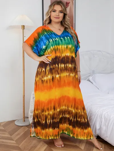 Women Fashion Casual Boho Tie Dye Printed Bat Sleeve V-Neck Loose Long Dress