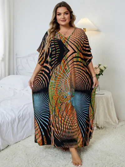 Women Fashion Casual Boho Tie Dye Printed Bat Sleeve V-Neck Loose Long Dress