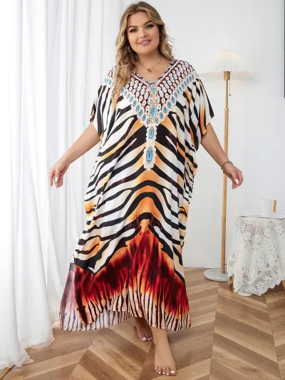 Women Fashion Casual Boho Tie Dye Printed Bat Sleeve V-Neck Loose Long Dress