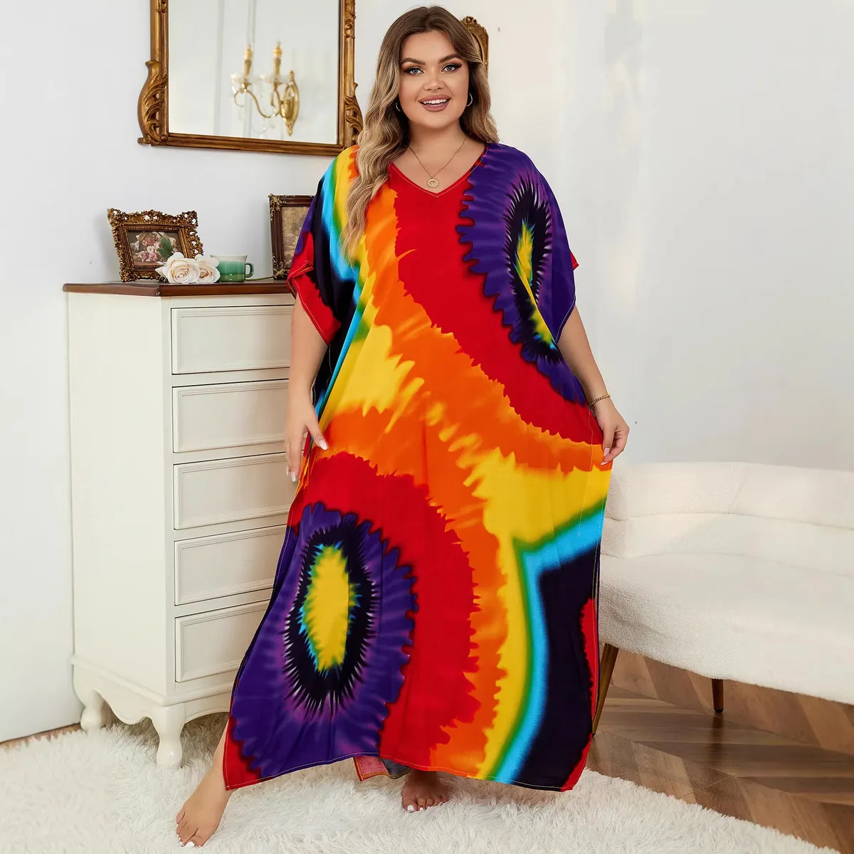 Women Fashion Casual Boho Tie Dye Printed Bat Sleeve V-Neck Loose Long Dress