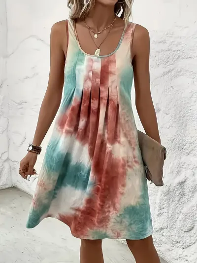 Women Fashion Casual Spring/Summer Tie-Dye Printed Sleeveless Loose Dress