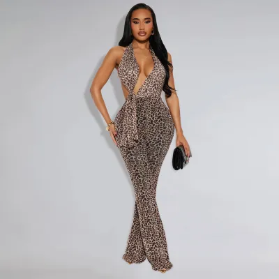 Women Fashion Sexy Leopard Printed Halter-Neck Sleeveless Backless Jumpsuit