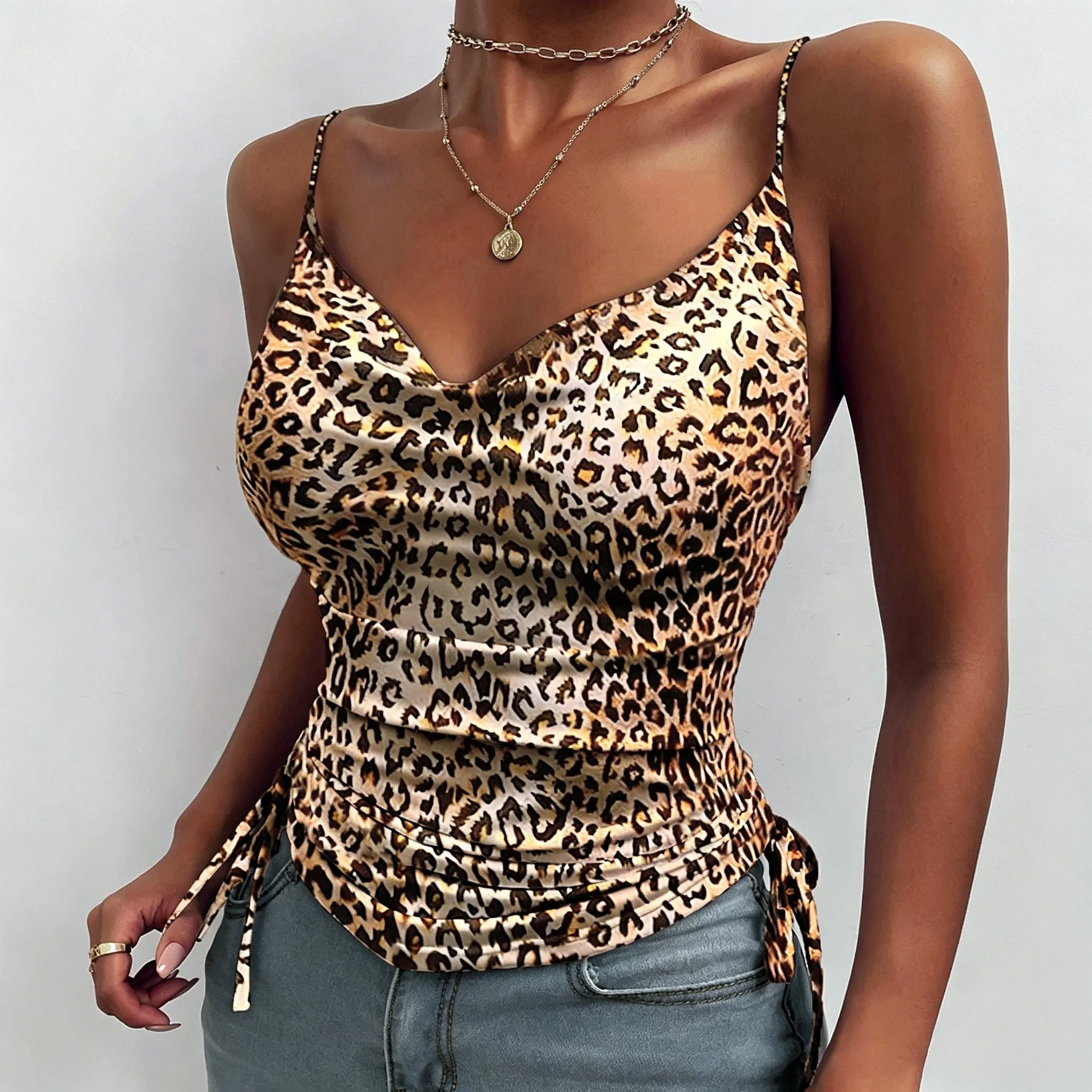 Women Fashion Sexy Leopard Print Deep V-Neck Drawstring Camisole