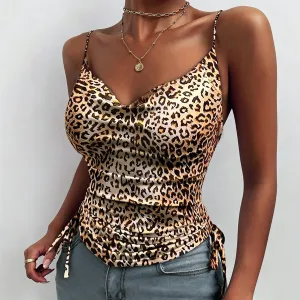 Women Fashion Sexy Leopard Print Deep V-Neck Drawstring Camisole