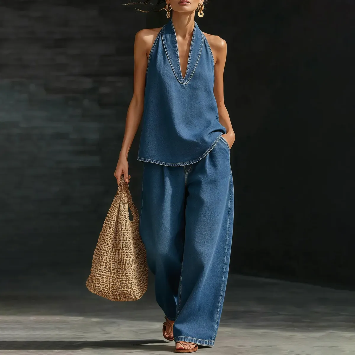 Women Fashion Casual Autumn Washable Halter-Neck Sleeveless Top Straight Jeans Denim Two-Piece Set
