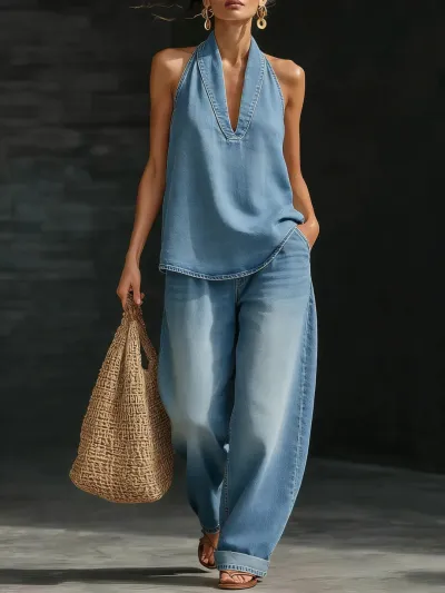 Women Fashion Casual Autumn Washable Halter-Neck Sleeveless Top Straight Jeans Denim Two-Piece Set