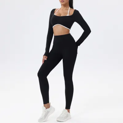 Women Fashion Contrast Color Halter-Neck Long-Sleeve Crop Top Leggings Yoga Sports Two-Pice Set