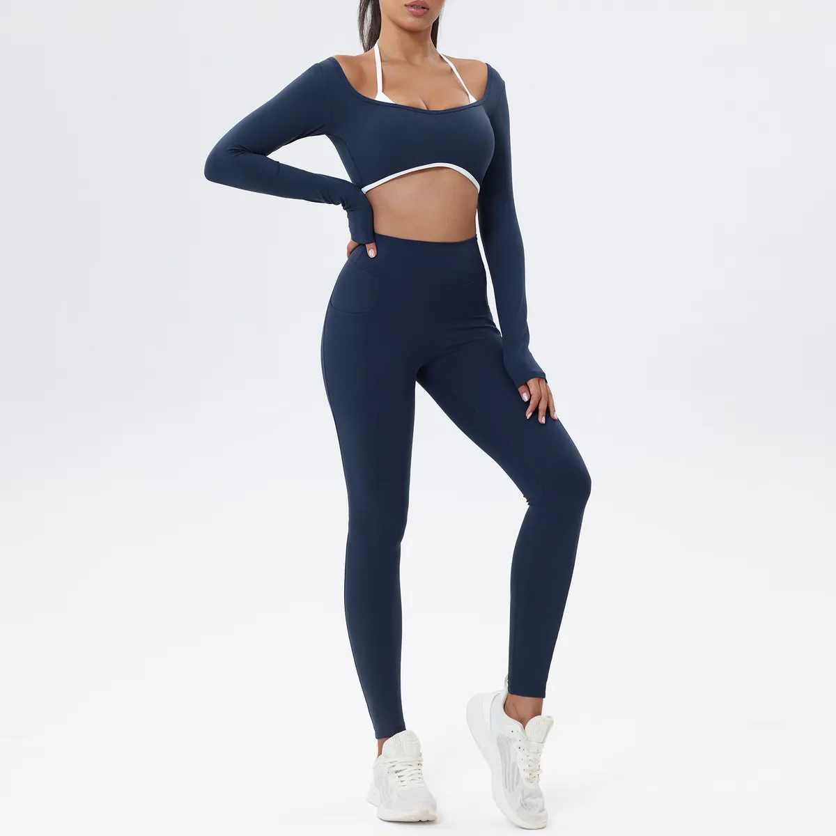 Women Fashion Contrast Color Halter-Neck Long-Sleeve Crop Top Leggings Yoga Sports Two-Pice Set