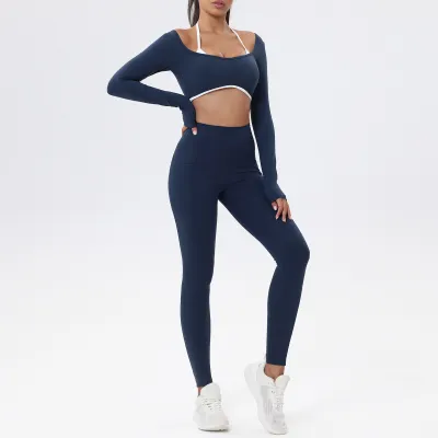 Women Fashion Contrast Color Halter-Neck Long-Sleeve Crop Top Leggings Yoga Sports Two-Pice Set