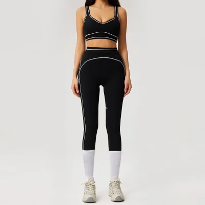 Women Fashion Casual Color Block Bra Tight Leggigs Yoga Sports Two-Piece Set
