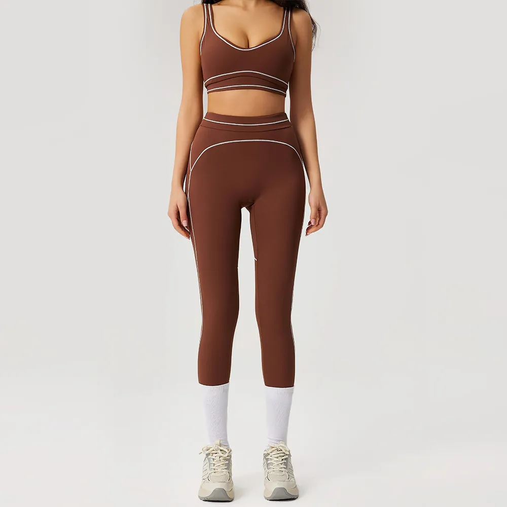 Women Fashion Casual Color Block Bra Tight Leggigs Yoga Sports Two-Piece Set