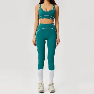 Women Fashion Casual Color Block Bra Tight Leggigs Yoga Sports Two-Piece Set