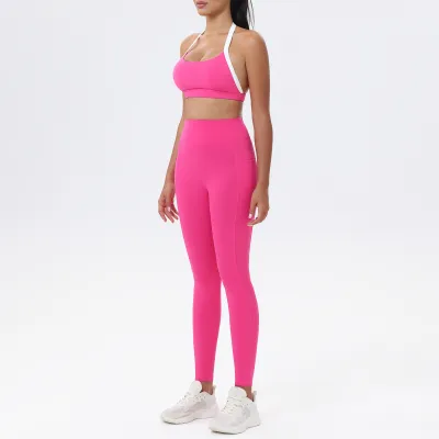 Women Fashion Contrast Color Halter-Neck Bra Leggings Yoga Sports Two-Pice Set