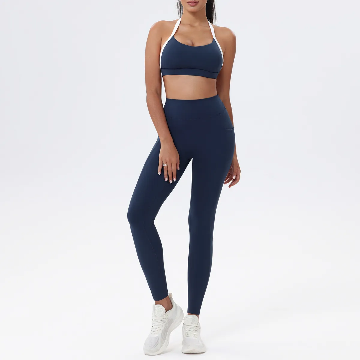 Women Fashion Contrast Color Halter-Neck Bra Leggings Yoga Sports Two-Pice Set
