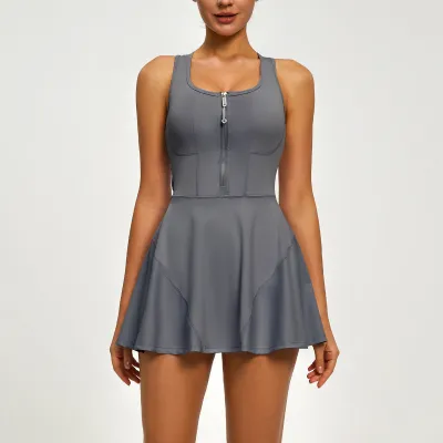 Women Fashion Casual Solid Color Zipper Sleeveless Anti-Running Sports Tennis Dress