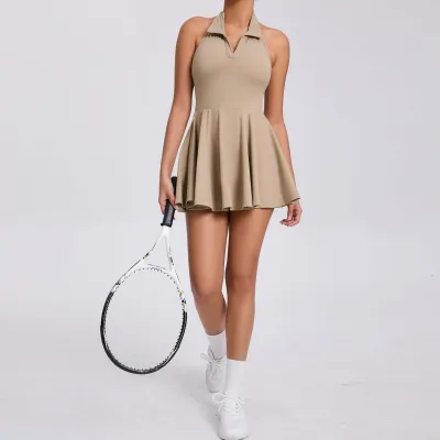 Women Fashion Solid Color Anti-Running Lapel Halter-Neck Sleeveless Pleated With Chest Pad Breathable Yoga Sports Tennis Dress