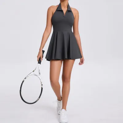 Women Fashion Solid Color Anti-Running Lapel Halter-Neck Sleeveless Pleated With Chest Pad Breathable Yoga Sports Tennis Dress