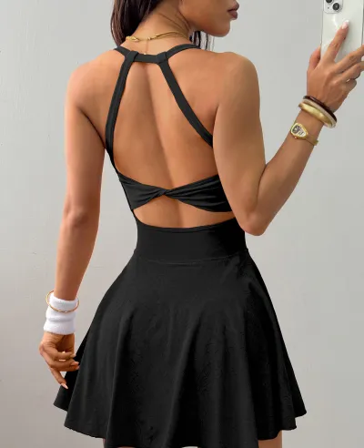 Women Fashion Solid Color Sleeveless Backless Pocket Anti-Walking Quick-Drying Breathable Yoga Sports Tennis Dress