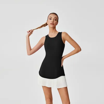 Women Fashion Casual Summer Stitching Sleeveless Pleated Anti-Running Quick-Drying Yoga Sports Tennis Dress