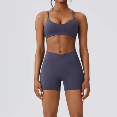Women Fashion Casual Solid Color Quick-Drying Bra Tight Shorts Yoga Sports Two-Piece Set