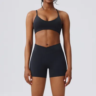 Women Fashion Casual Solid Color Quick-Drying Bra Tight Shorts Yoga Sports Two-Piece Set