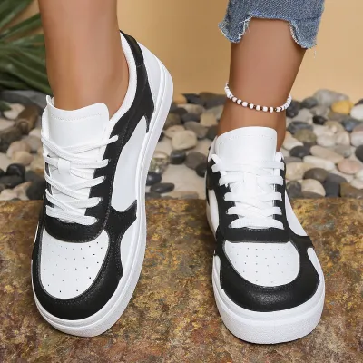 Women's Fashion Color Block Round Toe Lace Up Breathable Casual Sneakers Plus Size