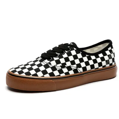 Women Fashion Casual Plaid Round-Toe Lace-Up Flat Breathable Canvas Sneakers Plus Size