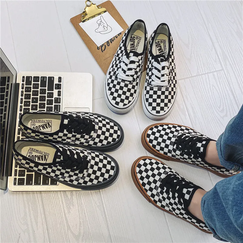 Women Fashion Casual Plaid Round-Toe Lace-Up Flat Breathable Canvas Sneakers Plus Size