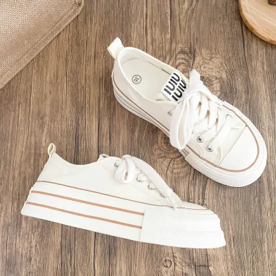 Women Fashion Casual Breathable Round-Toe Lace-Up Thick-Soled Platform Sneakers